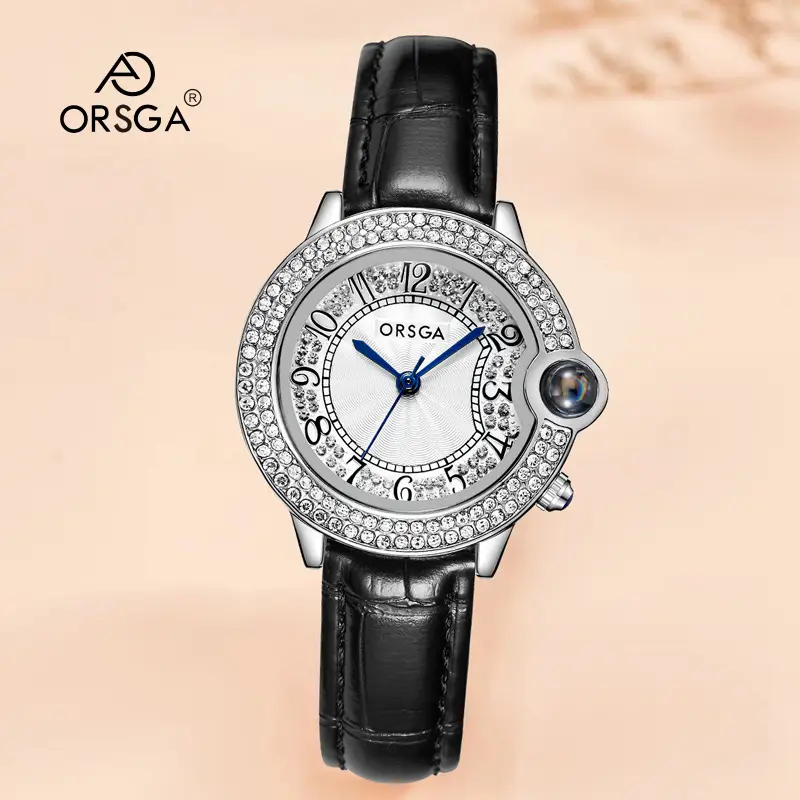 ORSGA Diamond Encrusted Women's Quartz Watch Black Leather Band - Image 3