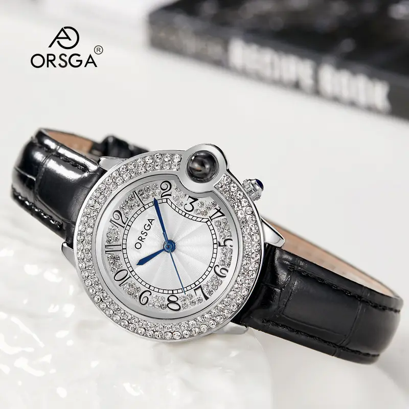ORSGA Diamond Encrusted Women's Quartz Watch Black Leather Band - Image 4