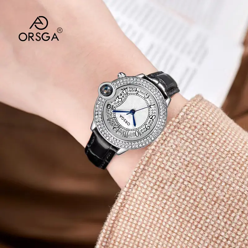ORSGA Diamond Encrusted Women's Quartz Watch Black Leather Band - Image 5