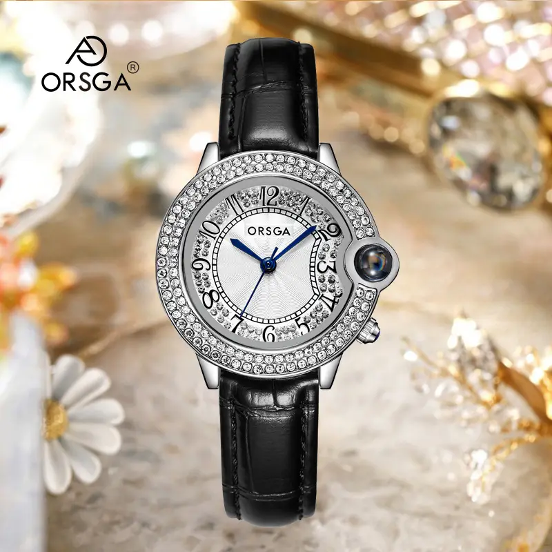 ORSGA Diamond Encrusted Women's Quartz Watch Black Leather Band - Image 6