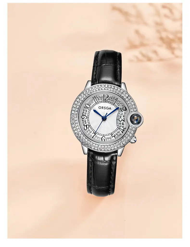 ORSGA Diamond Encrusted Women's Quartz Watch Black Leather Band — feature 11