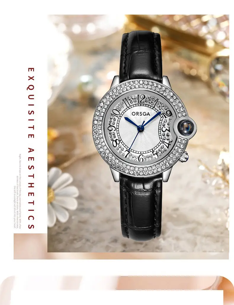 ORSGA Diamond Encrusted Women's Quartz Watch Black Leather Band — feature 12