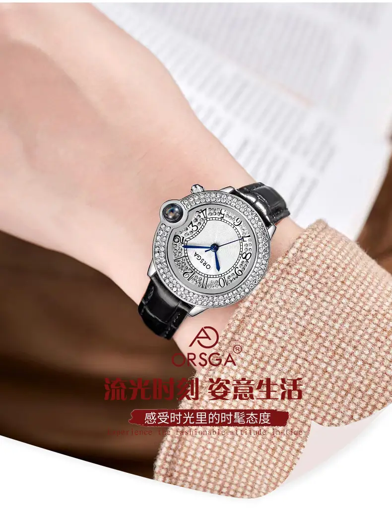 ORSGA Diamond Encrusted Women's Quartz Watch Black Leather Band — feature 3