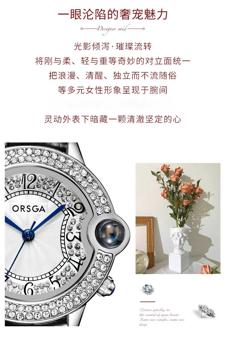 ORSGA Diamond Encrusted Women's Quartz Watch Black Leather Band — feature 4