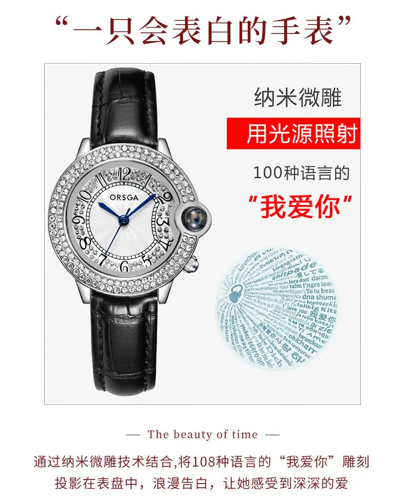 ORSGA Diamond Encrusted Women's Quartz Watch Black Leather Band — feature 6