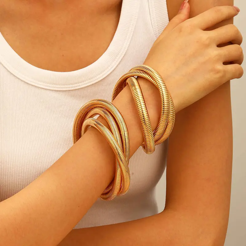 European and American Exaggerated Personality Wide-brimmed Spring Bracelet Women's Spiral Stripe Geometric Snake Chain Bracelet Cross-border Jewelry
