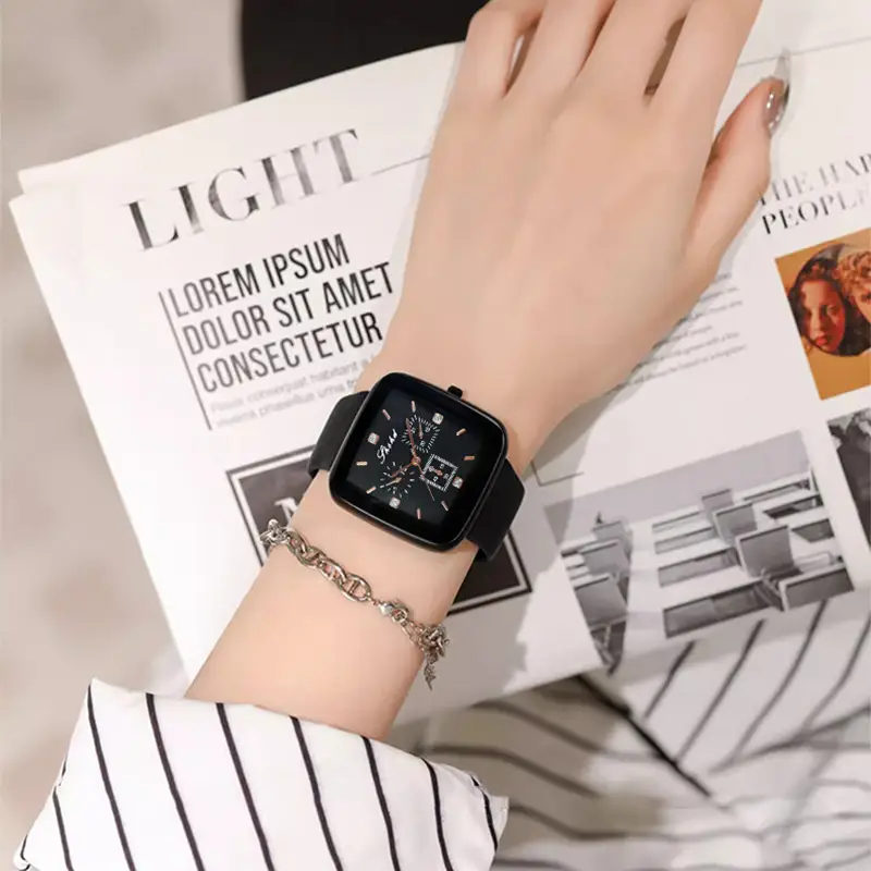 Square Black Silicone Watch with 3-Eyes Display - Image 4