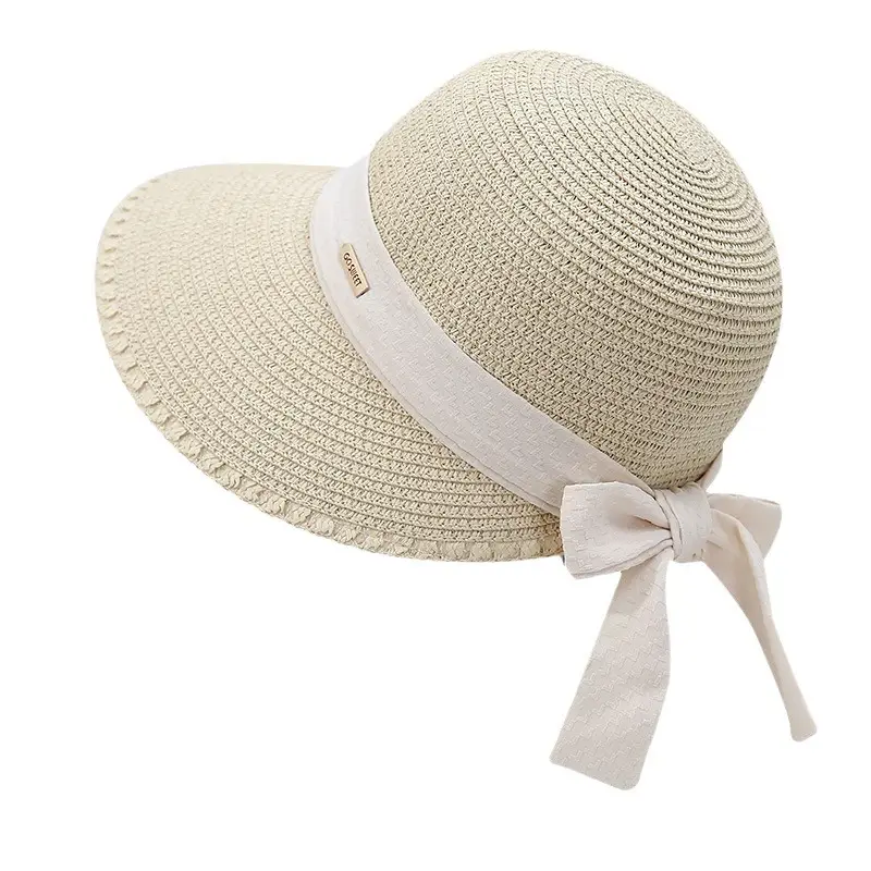 Wide-brimmed straw sunhat with lace bow for summer beach wear - Image 5