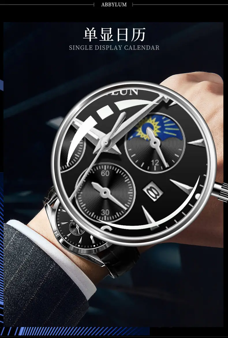 Abbylun Men's Chronograph Watch Black Leather Strap — feature 13