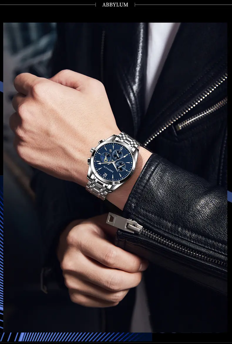 Abbylun Men's Chronograph Watch Black Leather Strap — feature 15