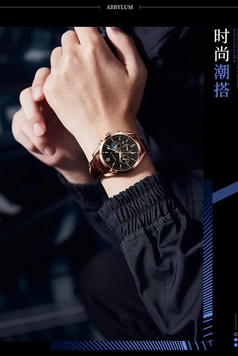 Abbylun Men's Chronograph Watch Black Leather Strap — feature 16
