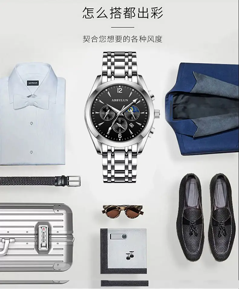Abbylun Men's Chronograph Watch Black Leather Strap — feature 17