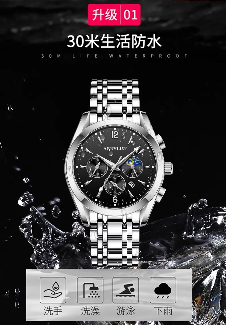 Abbylun Men's Chronograph Watch Black Leather Strap — feature 5