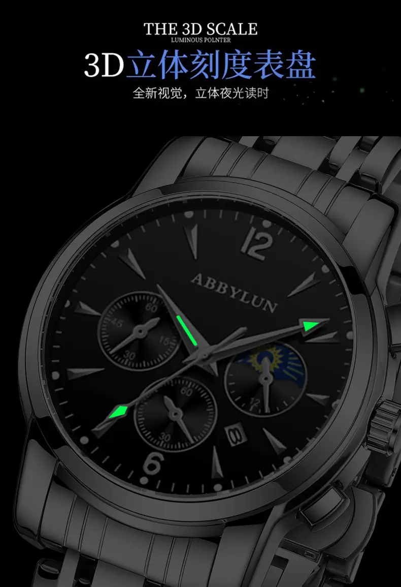 Abbylun Men's Chronograph Watch Black Leather Strap — feature 8