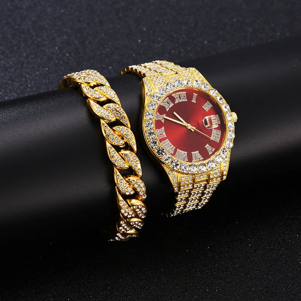 Full Diamond Red Roman Dial Women's Wristwatch