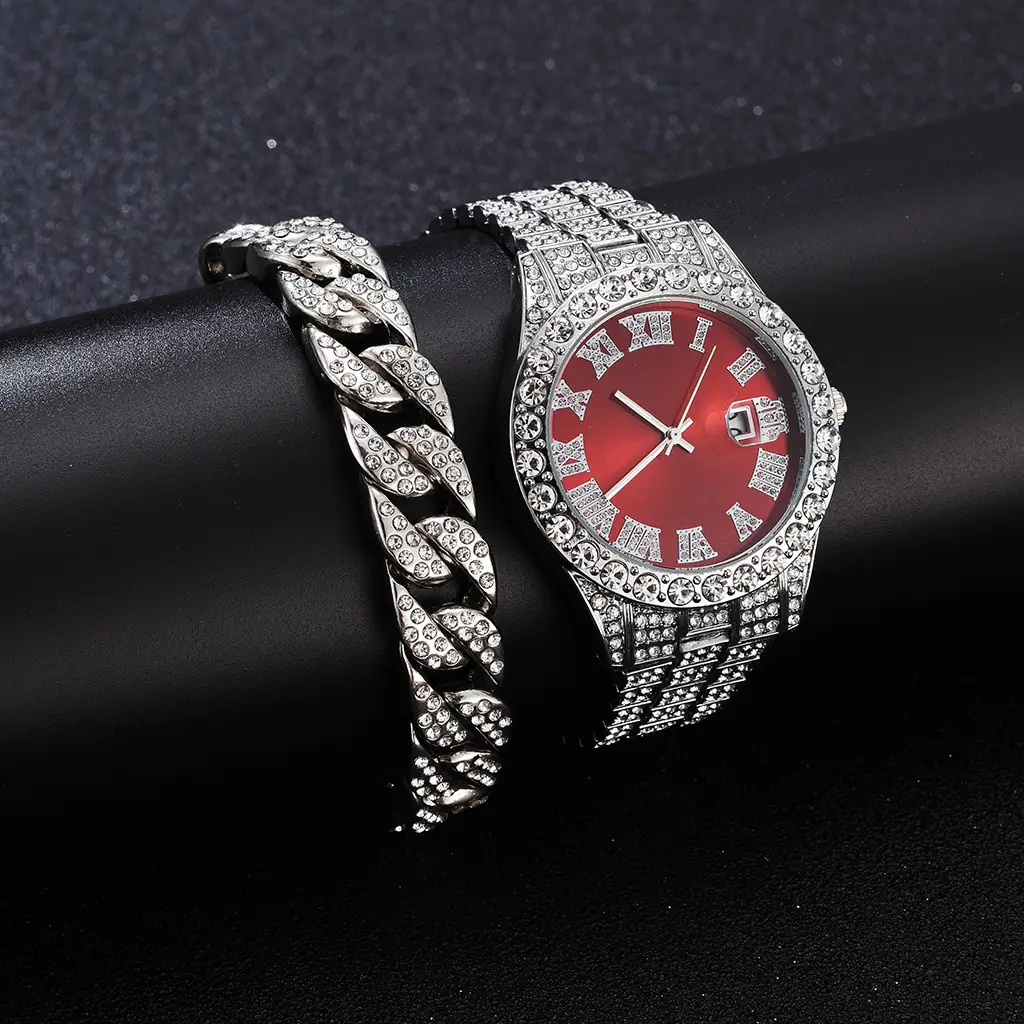 Full Diamond Red Roman Dial Women's Wristwatch