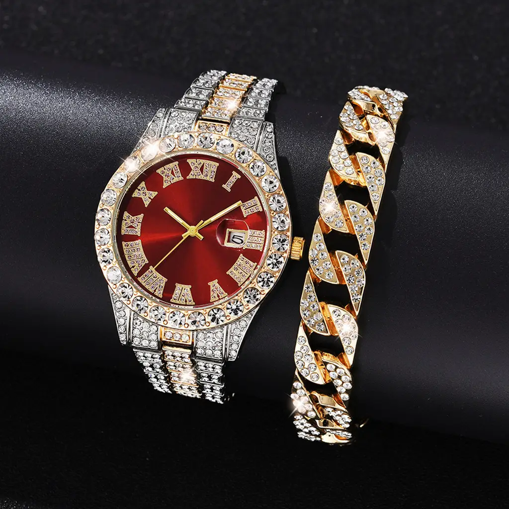 Full Diamond Red Roman Dial Women's Wristwatch