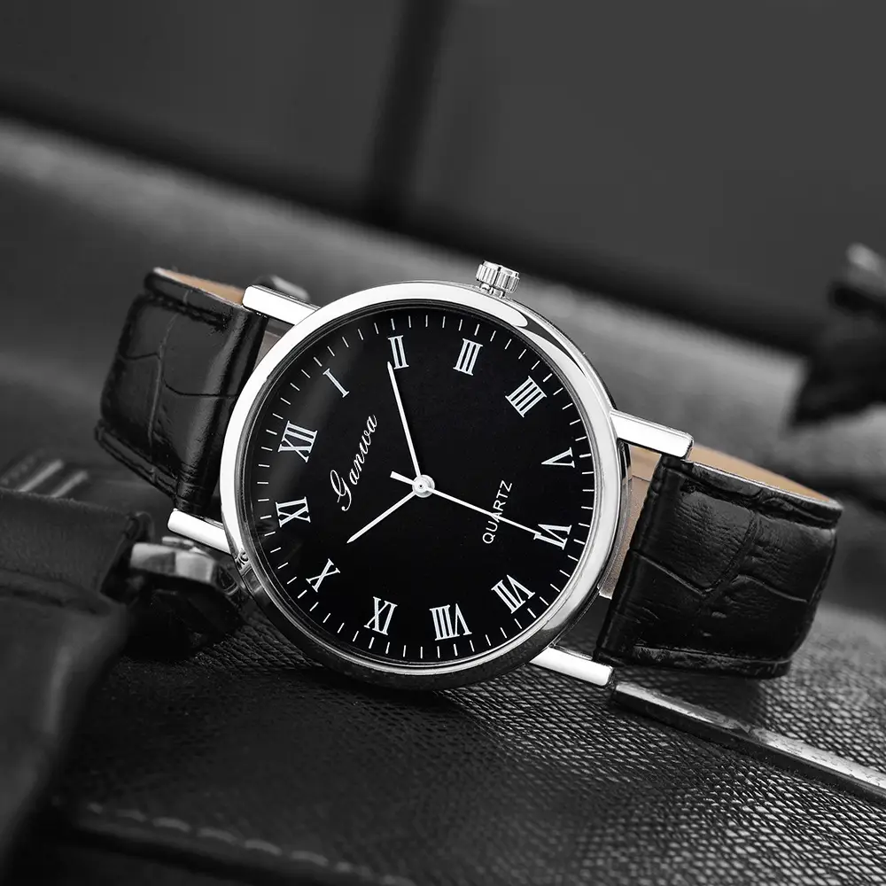 Men's Quartz Roman Numeral Watch with Black Leather Band