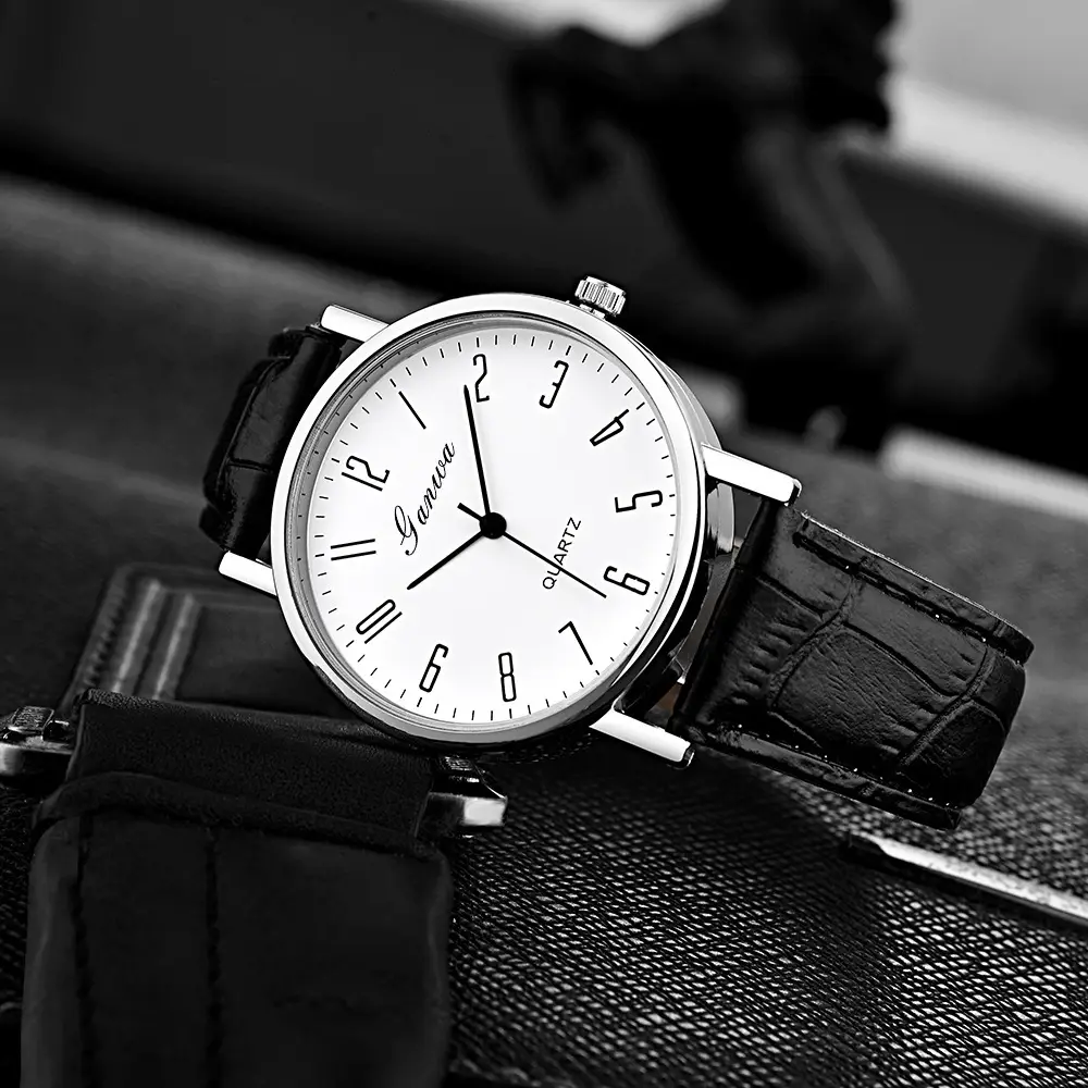 Men's Quartz Roman Numeral Watch with Black Leather Band