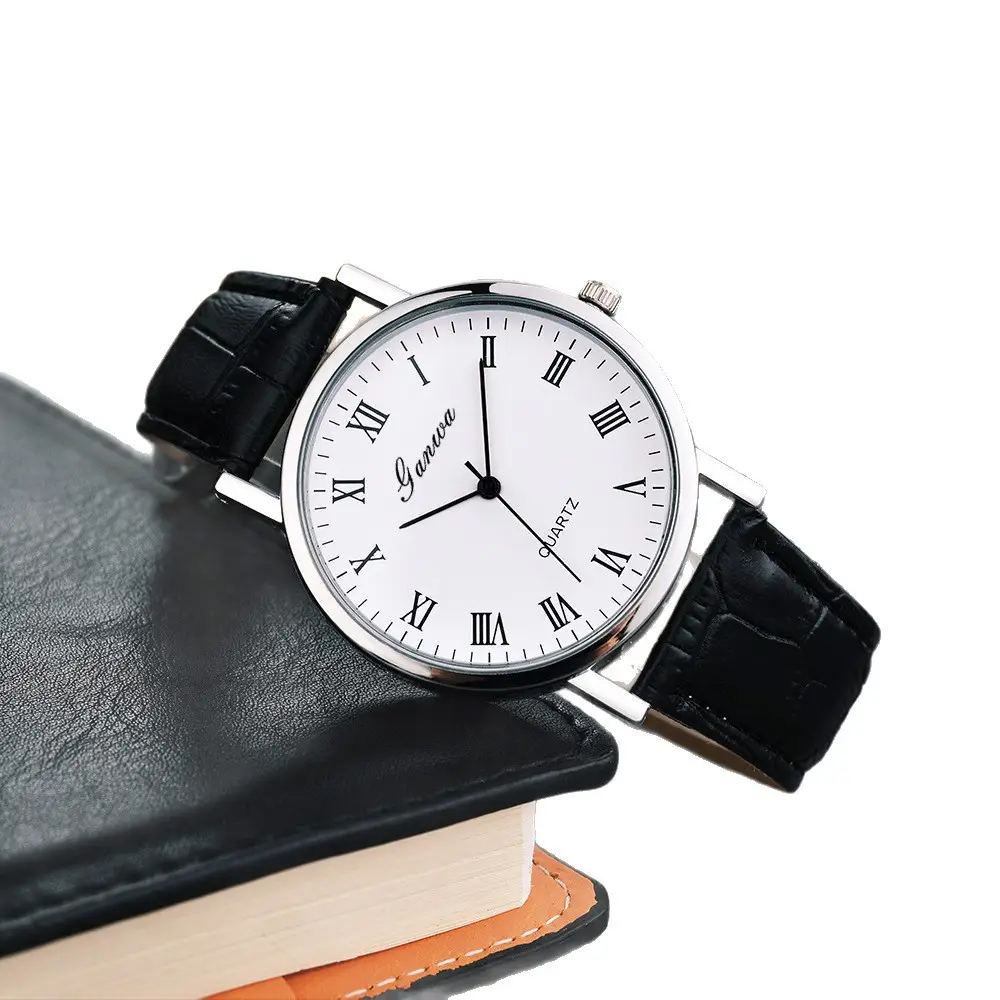 Men's Quartz Roman Numeral Watch with Black Leather Band