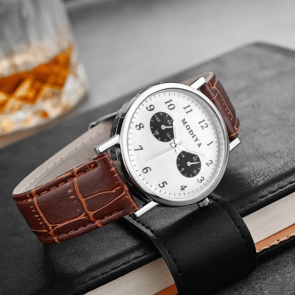 Men's Quartz Roman Numeral Watch with Black Leather Band