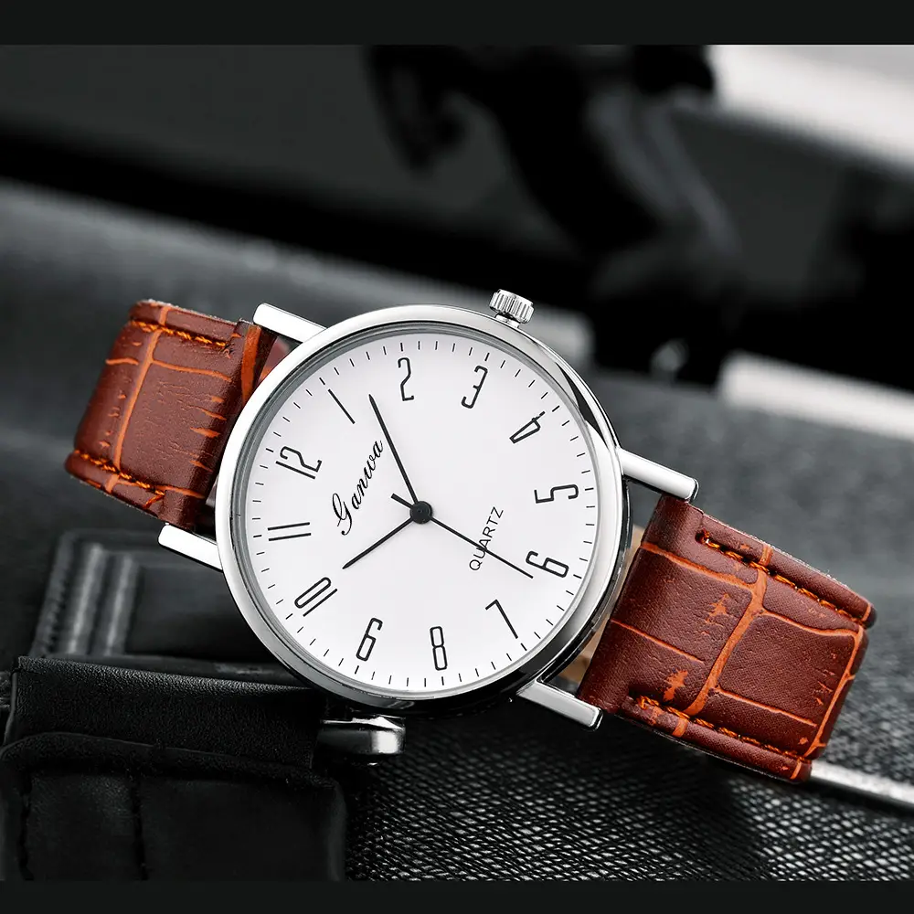 Men's Quartz Roman Numeral Watch with Black Leather Band