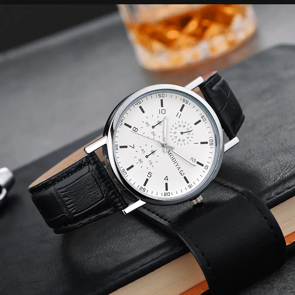 Men's Quartz Roman Numeral Watch with Black Leather Band