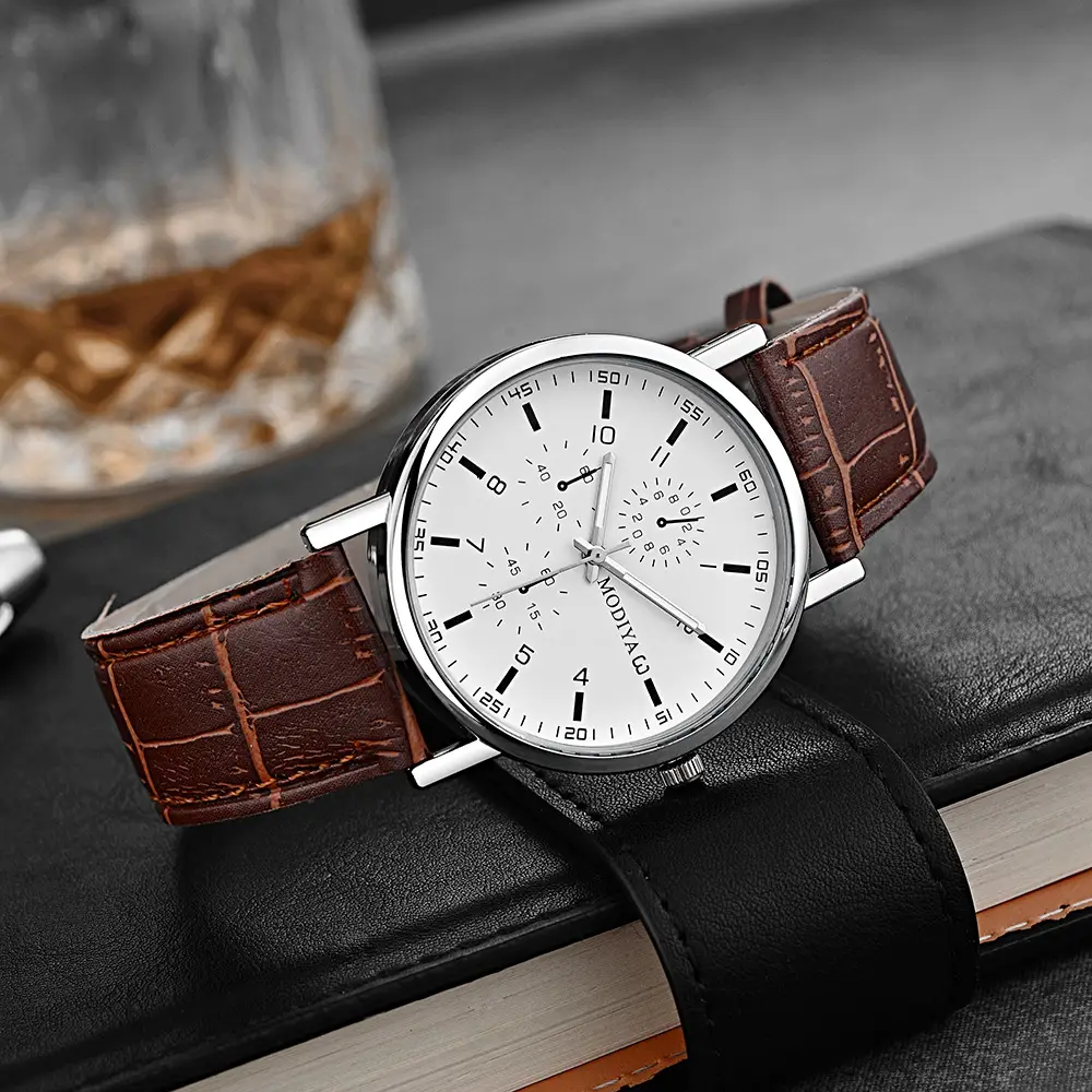 Men's Quartz Roman Numeral Watch with Black Leather Band