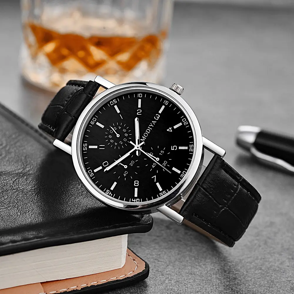 Men's Quartz Roman Numeral Watch with Black Leather Band