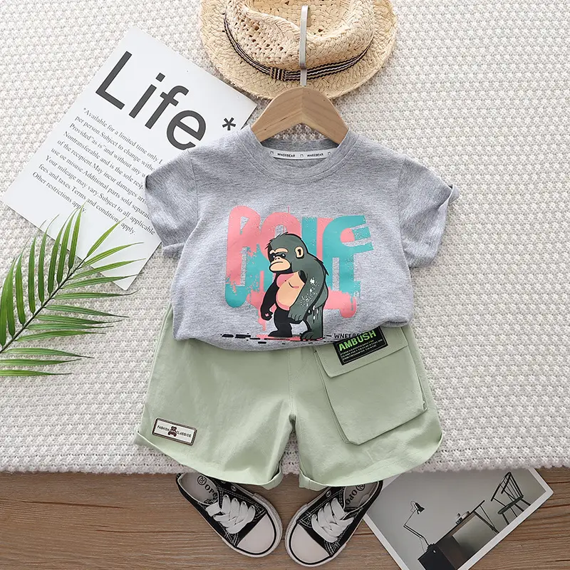 Children Cotton Cartoon T-Shirt Shorts Set Blue Green - Image 2