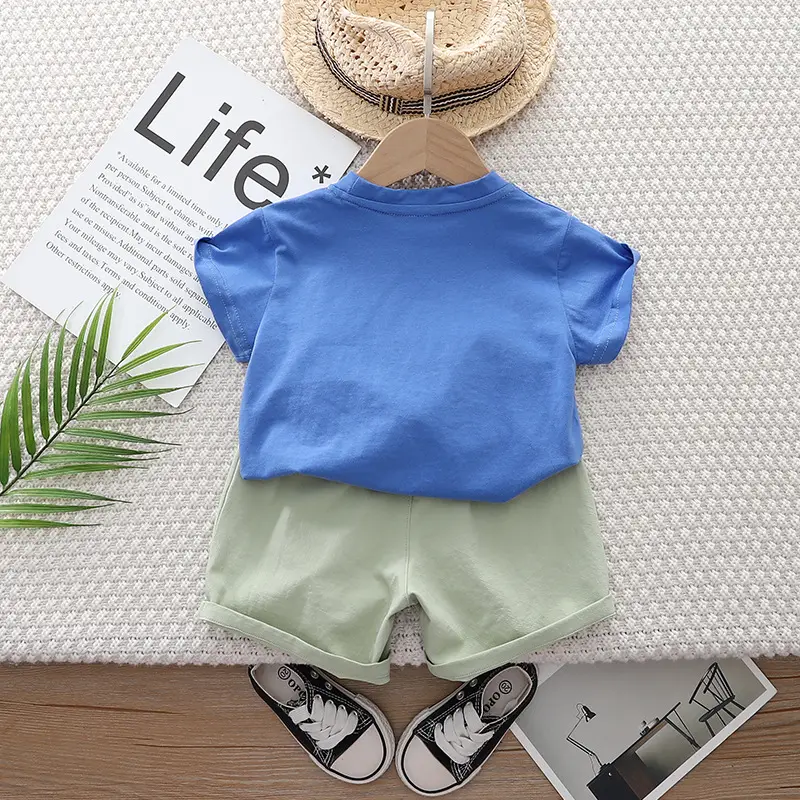 Children Cotton Cartoon T-Shirt Shorts Set Blue Green - Image 4