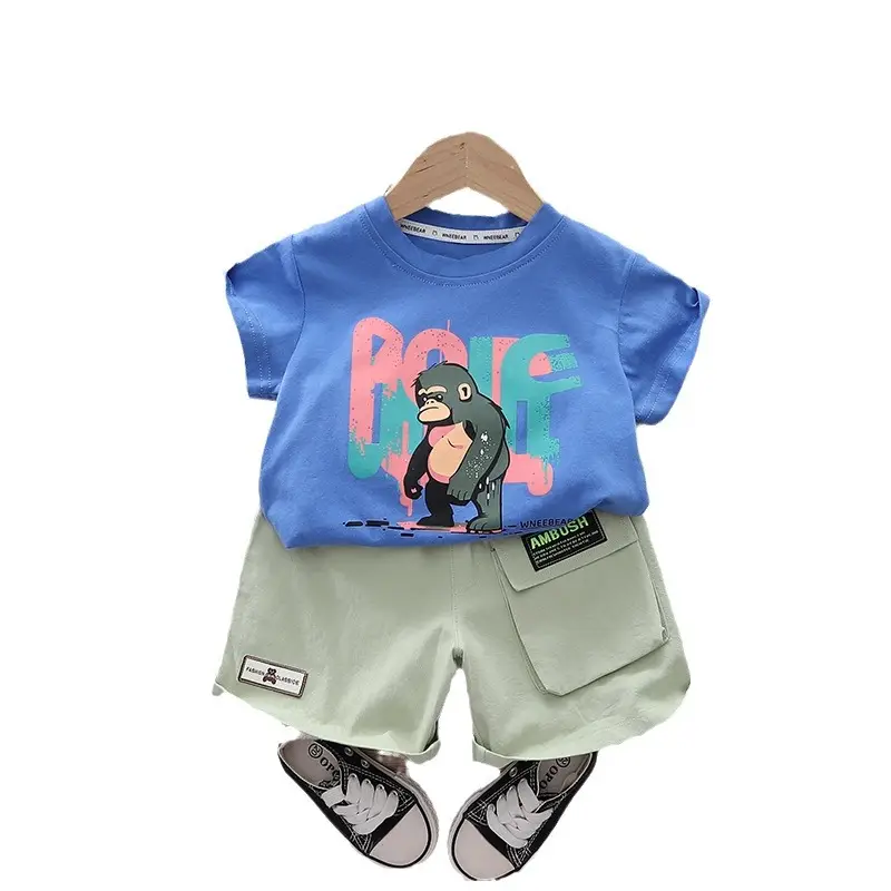 Children Cotton Cartoon T-Shirt Shorts Set Blue Green - Image 5