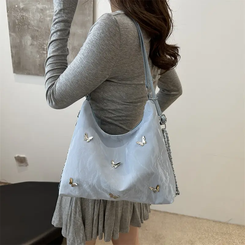Pink Butterfly Embroidered Shoulder Tote Bag - Image 7