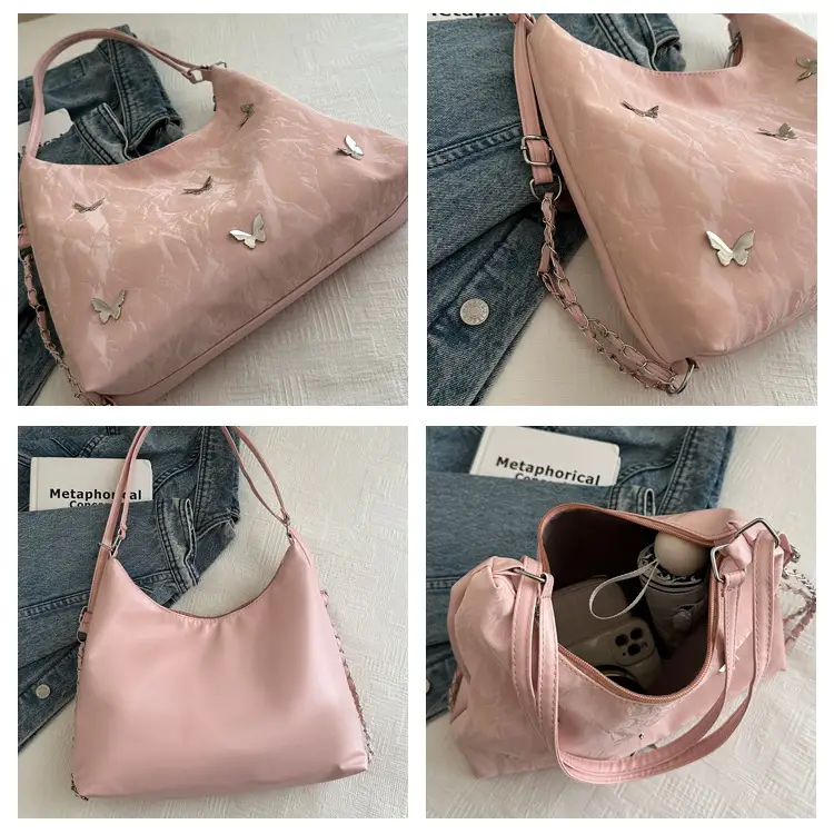 Pink Butterfly Embroidered Shoulder Tote Bag — feature 8
