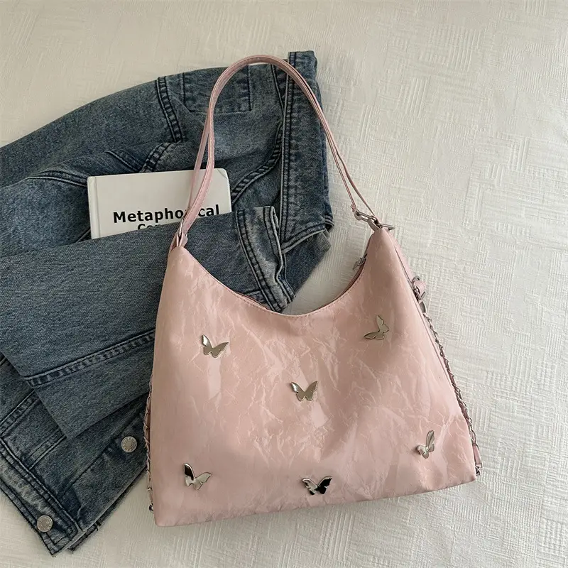 Pink Butterfly Embroidered Shoulder Tote Bag - Image 2