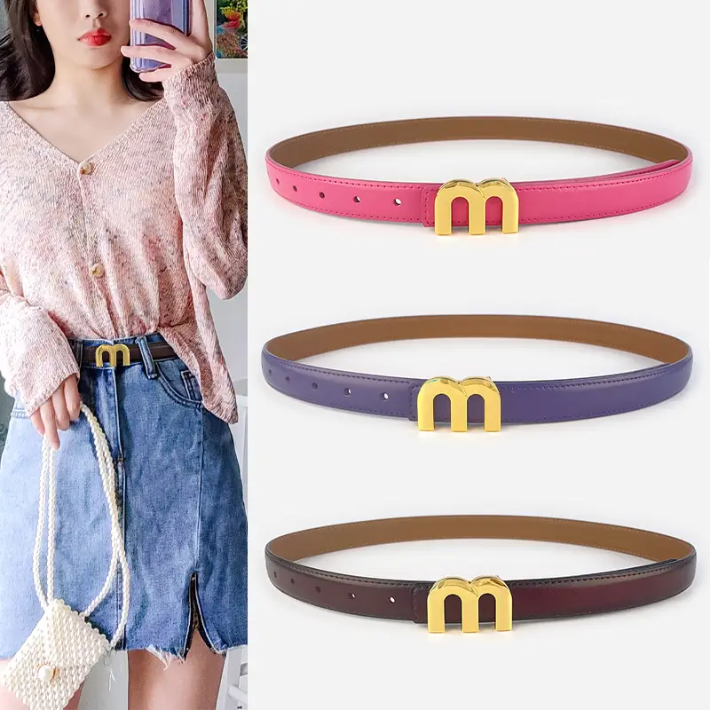 M Letter Leather Belt for Women Brown Gold Buckle - Image 27