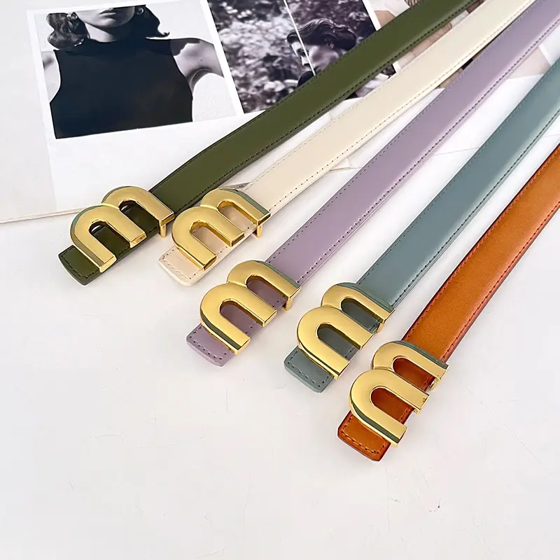 M Letter Leather Belt for Women Brown Gold Buckle - Image 28