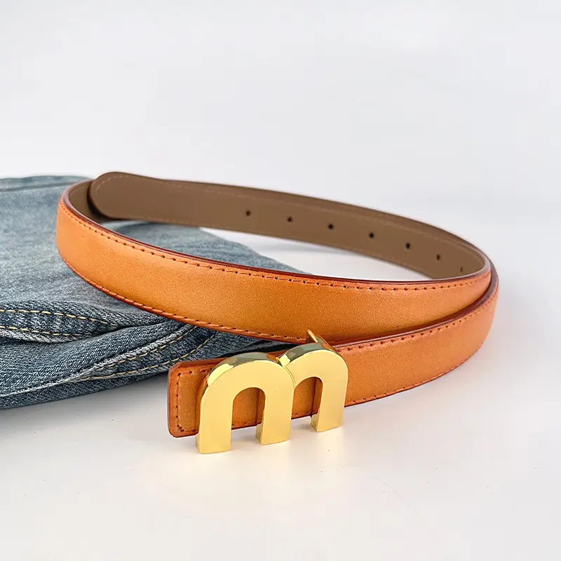 M Letter Leather Belt for Women Brown Gold Buckle - Image 29