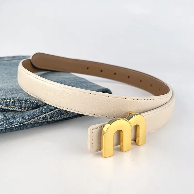 M Letter Leather Belt for Women Brown Gold Buckle - Image 30