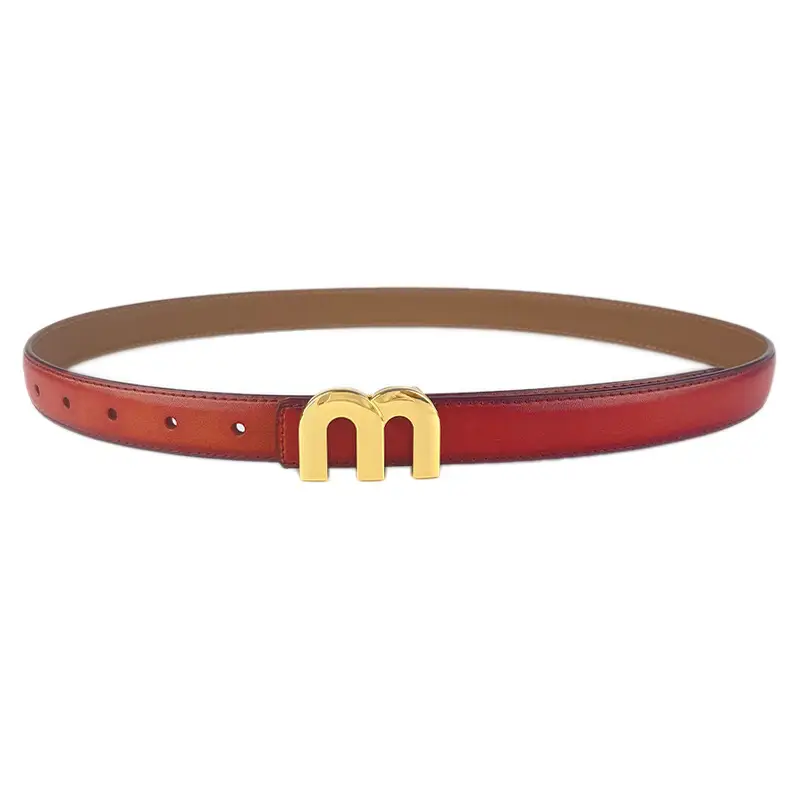 M Letter Leather Belt for Women Brown Gold Buckle - Image 31
