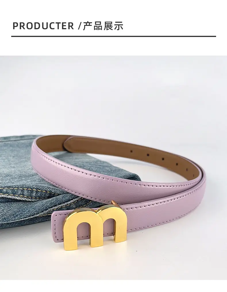 M Letter Leather Belt for Women Brown Gold Buckle — feature 10