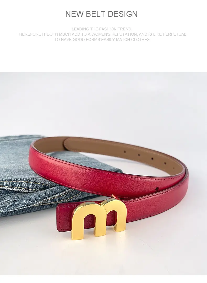 M Letter Leather Belt for Women Brown Gold Buckle — feature 11