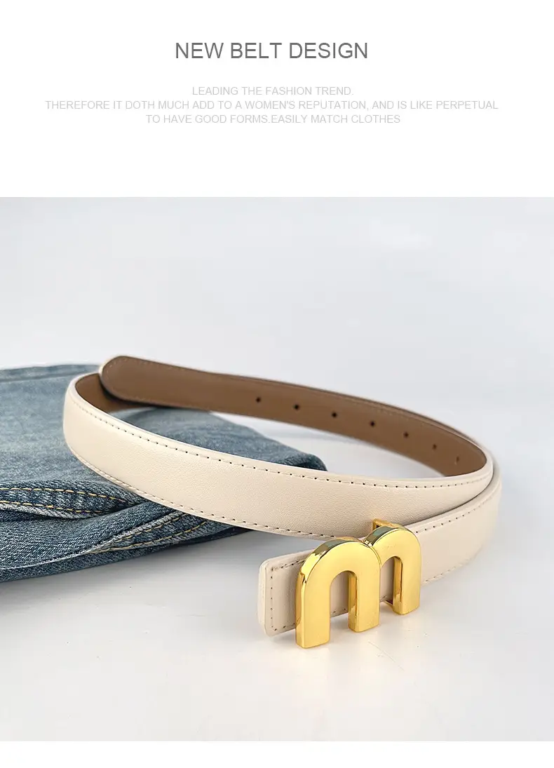M Letter Leather Belt for Women Brown Gold Buckle — feature 12