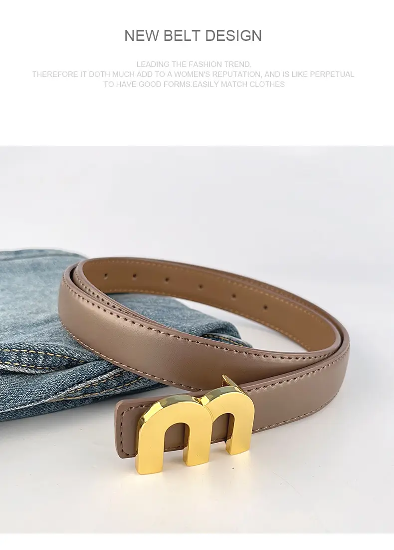 M Letter Leather Belt for Women Brown Gold Buckle — feature 13