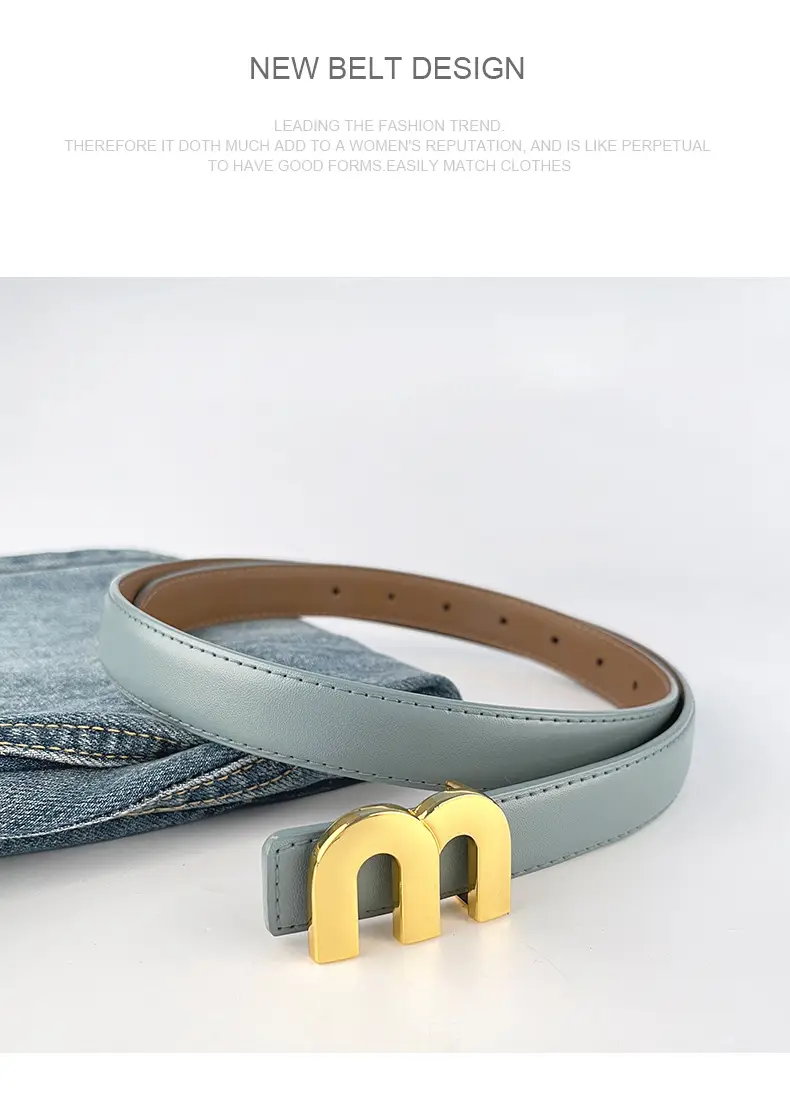 M Letter Leather Belt for Women Brown Gold Buckle — feature 14