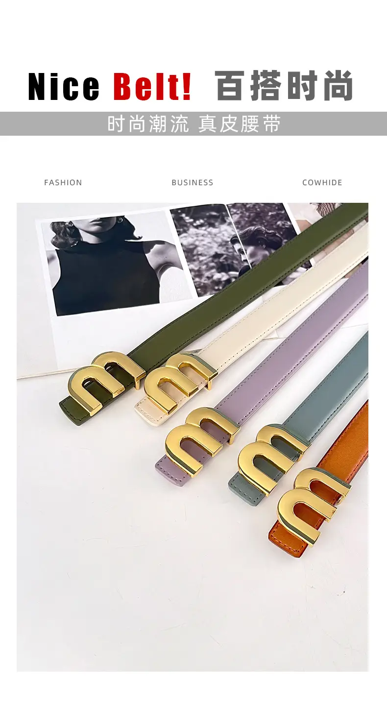 M Letter Leather Belt for Women Brown Gold Buckle — feature 4