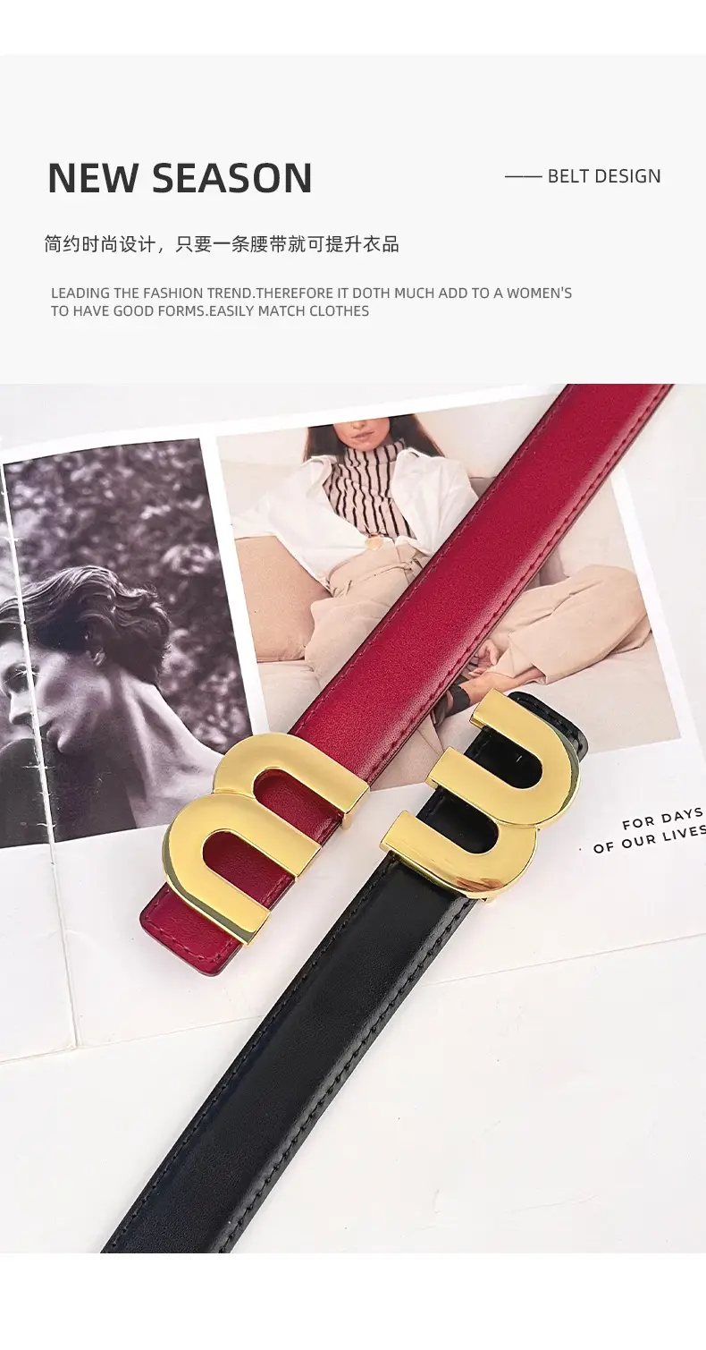 M Letter Leather Belt for Women Brown Gold Buckle — feature 5