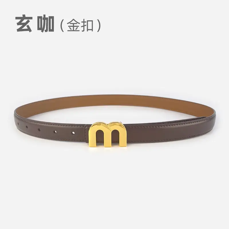 M Letter Leather Belt for Women Brown Gold Buckle - Image 10