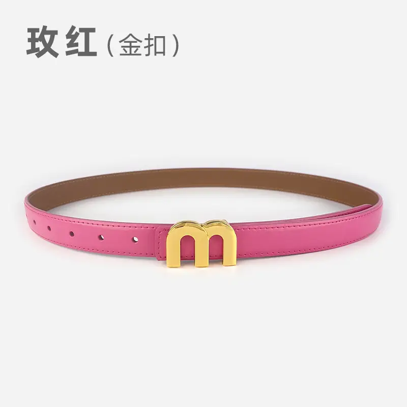 M Letter Leather Belt for Women Brown Gold Buckle - Image 11