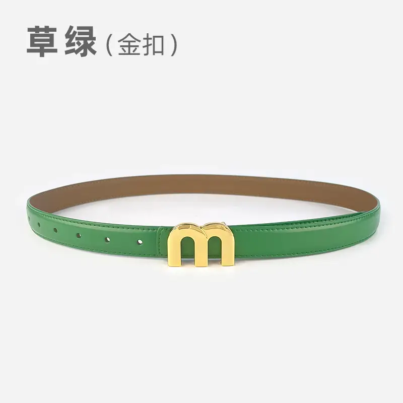 M Letter Leather Belt for Women Brown Gold Buckle - Image 12